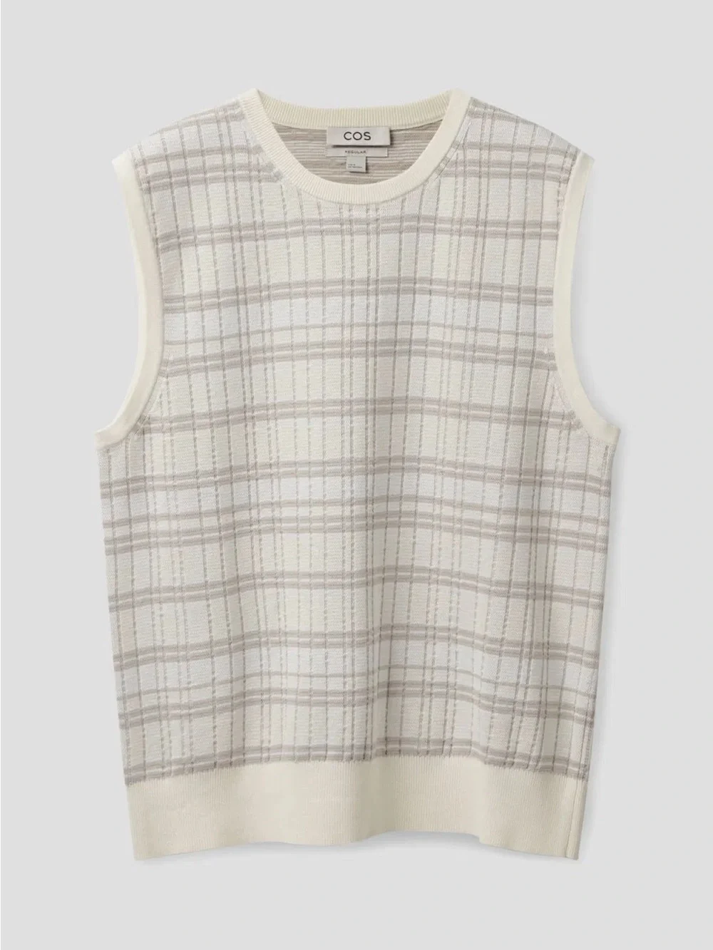 COS Cream and Light Gray Plaid Knit Sleeveless Vest